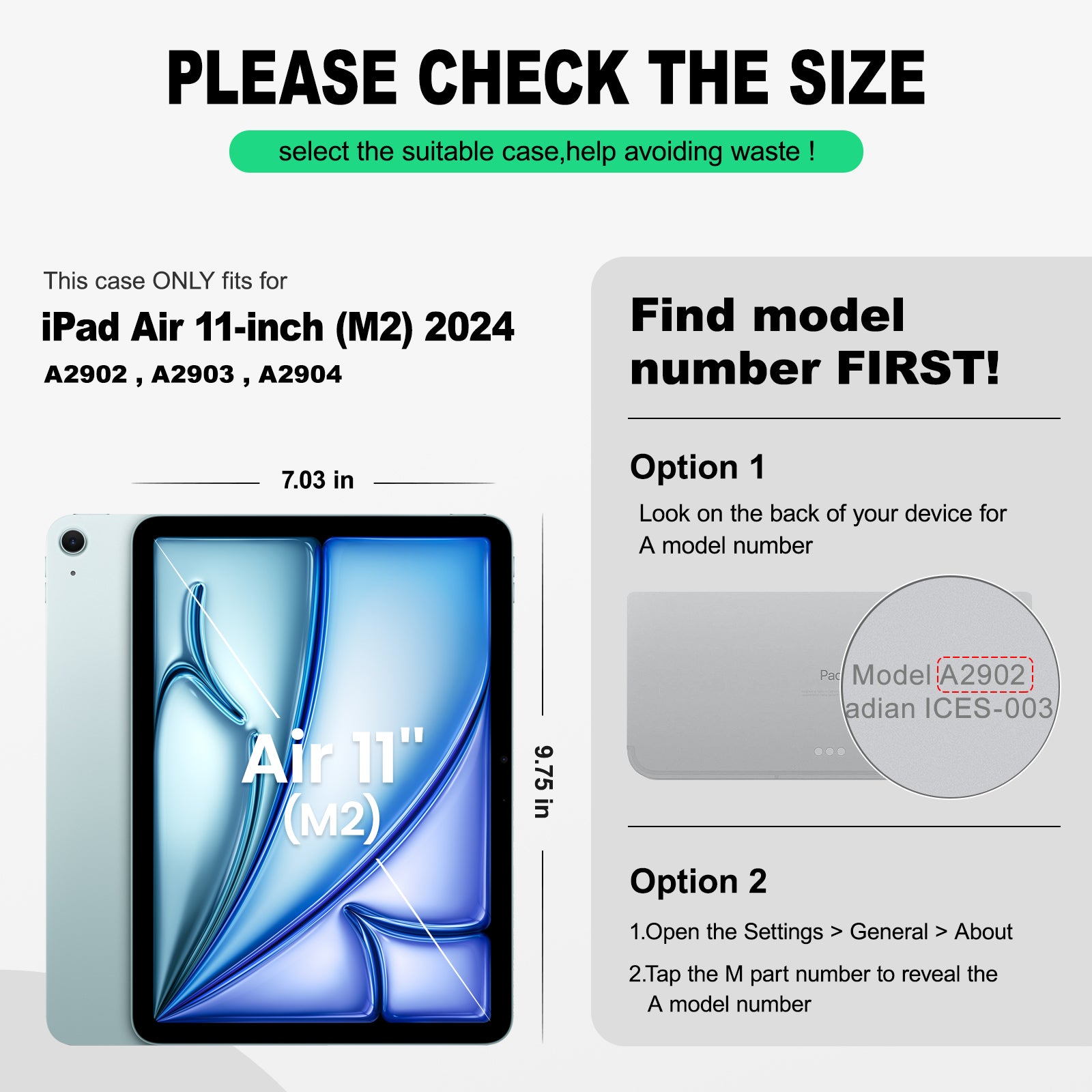 iPad Air 11" Compatibility: iPad Air 11 inch (M2 Chip, 2024) Model Number(on the tablet back cover): A2902 / A2903 / A2904