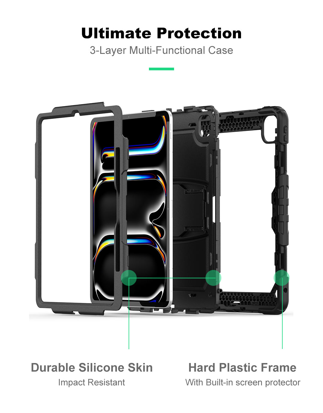 Ultimate Protection 3-Layer Multi-Functional Case
hard plastic frame
with built in screen protectoer
duable silicone skin
impact resistant