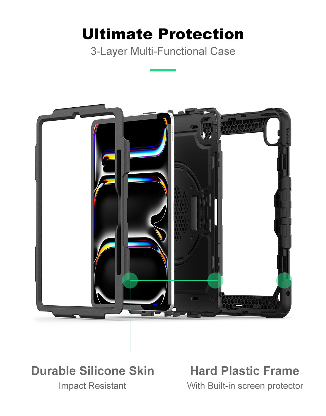 Ultimate Protection 3-Layer Multi-Functional Case
hard plastic frame
with built in screen protectoer
duable silicone skin
impact resistant